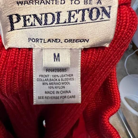 Pendleton Oregon Vintage Wool Leather Sweater Jacket Solid Red Zippered Medium - Picture 4 of 9